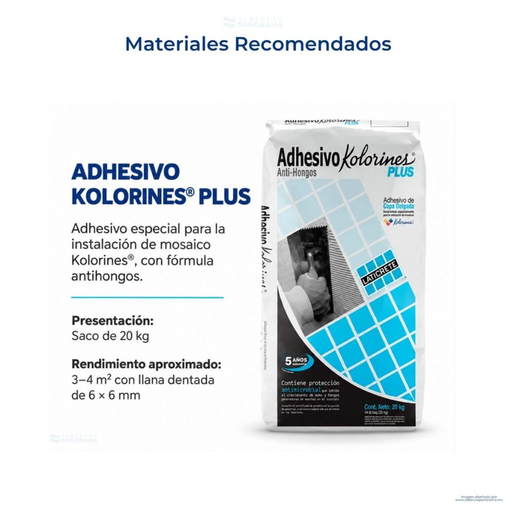 Adhesivo Kolorines Plus para mosaico: presentación de 20 kg y rendimiento aproximado de 3 a 4 m²