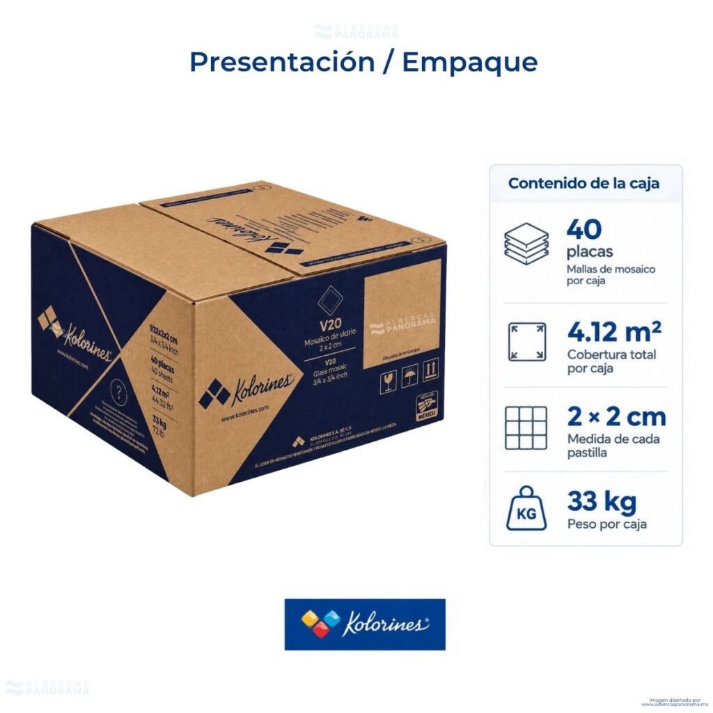 Empaque de mosaico Kolorines V20: 40 placas, cobertura de 4.12 m² y peso de 33 kg por caja