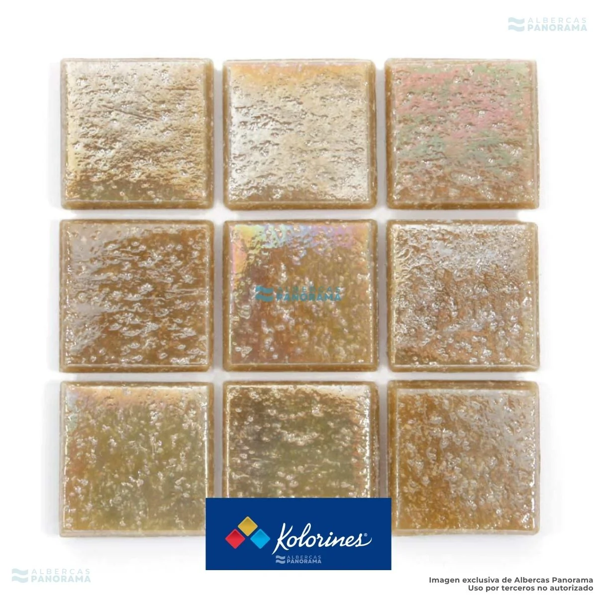 Mosaico Kolorines Iris Golden V20, detalle de piezas con acabado iridiscente.