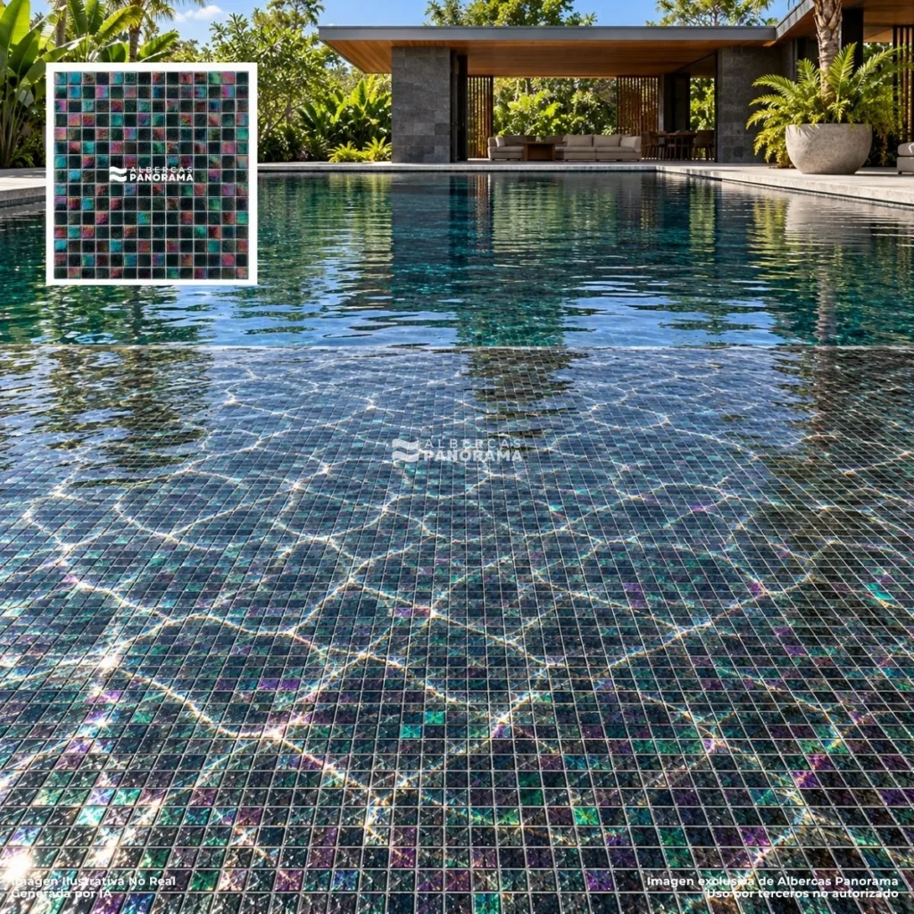 Mosaico Kolorines Iris Obsidian V20, aplicacion en alberca con acabado iridiscente.