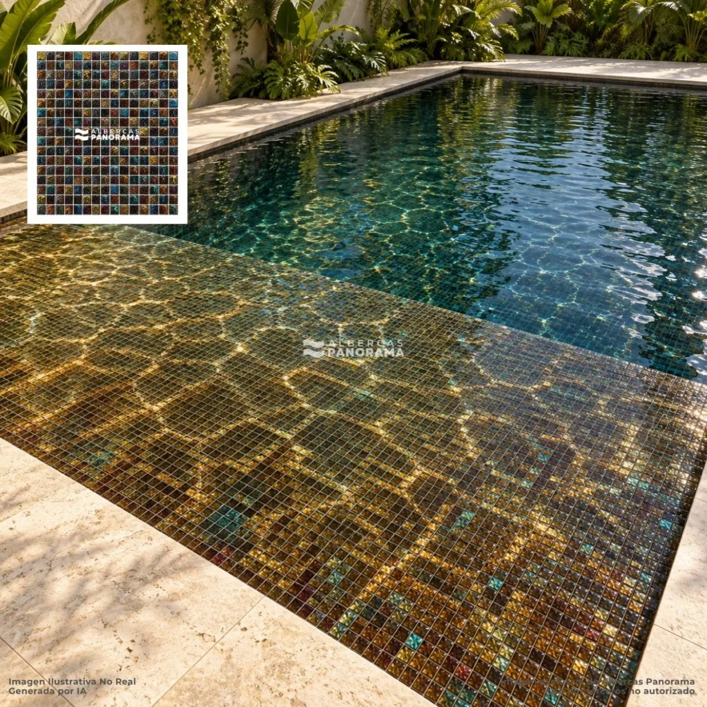 Mosaico Kolorines Iris Shell V20, aplicacion en alberca con acabado iridiscente.