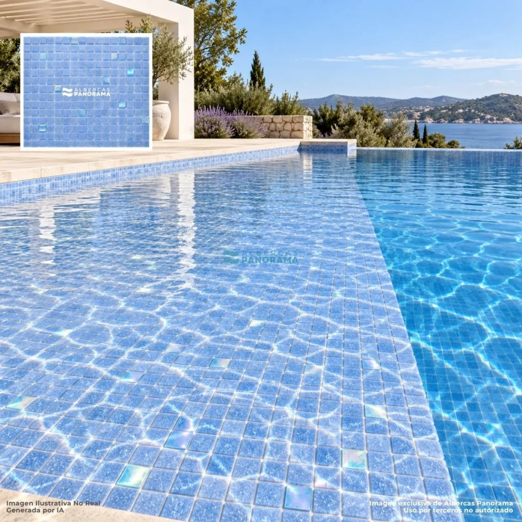 Aplicación en alberca del mosaico Kolorines Akua Premium Cobalto Claro V20