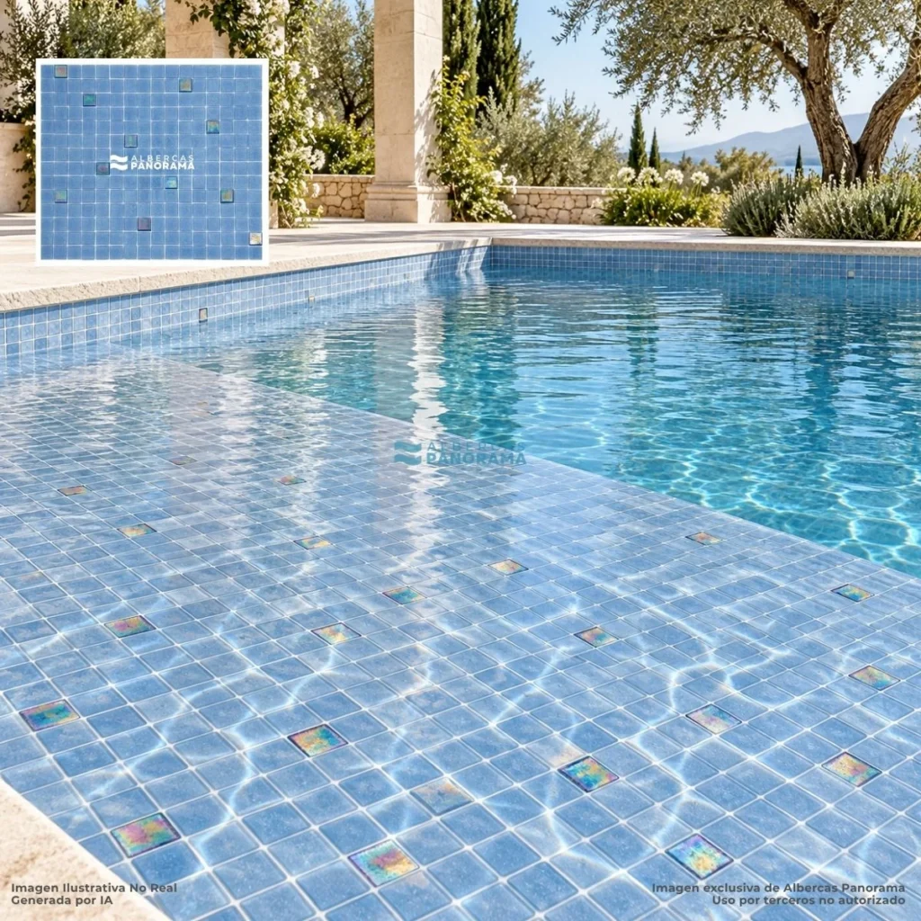 Aplicación en alberca del mosaico Kolorines Akua Premium Cristal V20