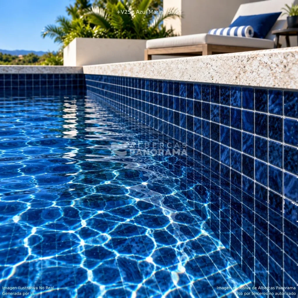Simulación de alberca con mosaico Kolorines +25 Azul Marino SR65, generada con IA