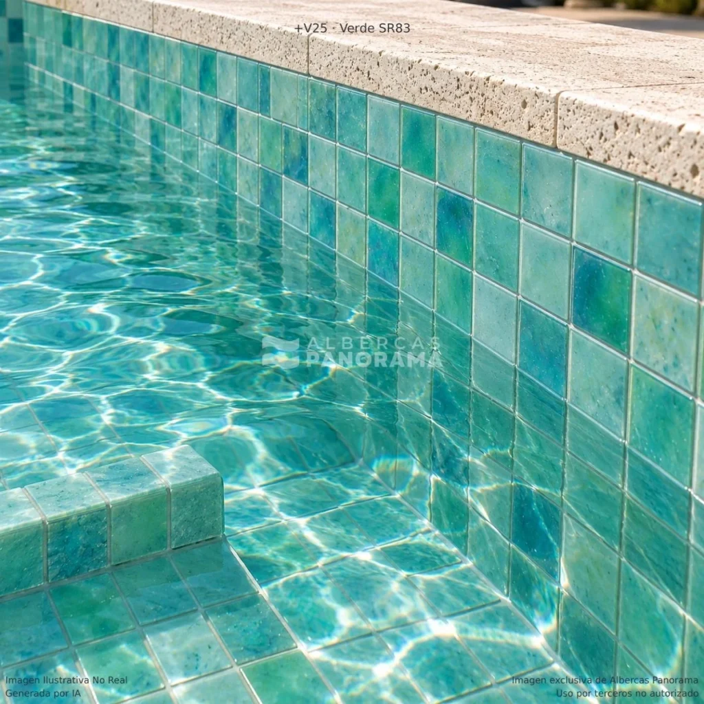 Simulación de alberca con mosaico Kolorines +25 Verde SR83, generada con IA